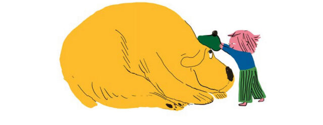 Illustration of a big yellow dog, and a small child putting a hat on the dog's head.