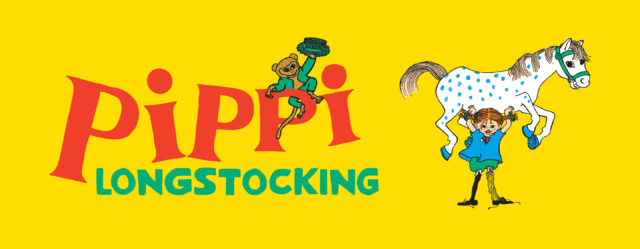 illustration of Pippi Longstocking holding her horse up above her head. To left the title "Pippi Longstocking" in red and green