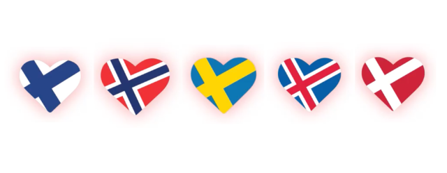 illustration of hearts containing the flags of the nordic countries